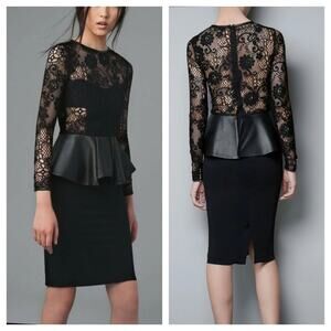XS Zara Gothic Lace Pencil Bodycon Wiggle Dress With Faux Leather Peplum